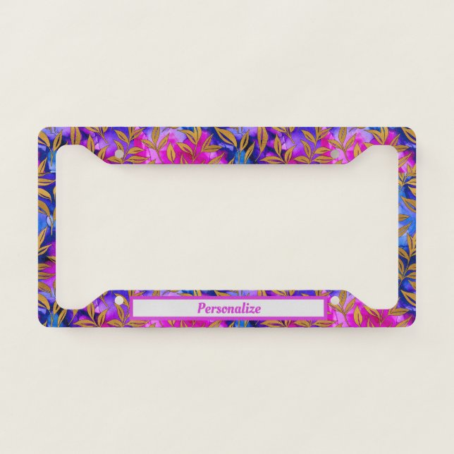 Elegant Gold Leaves Purple Blue Pattern License Plate Frame (Front)