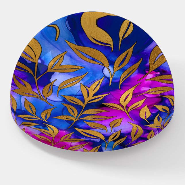 Elegant Gold Leaves Purple Blue Stylish Foliage Paperweight (Angled)