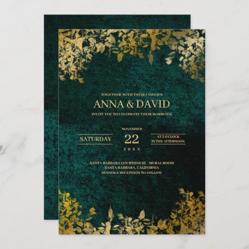 Elegant Gold Leaves Velvet Green Wedding Invitation