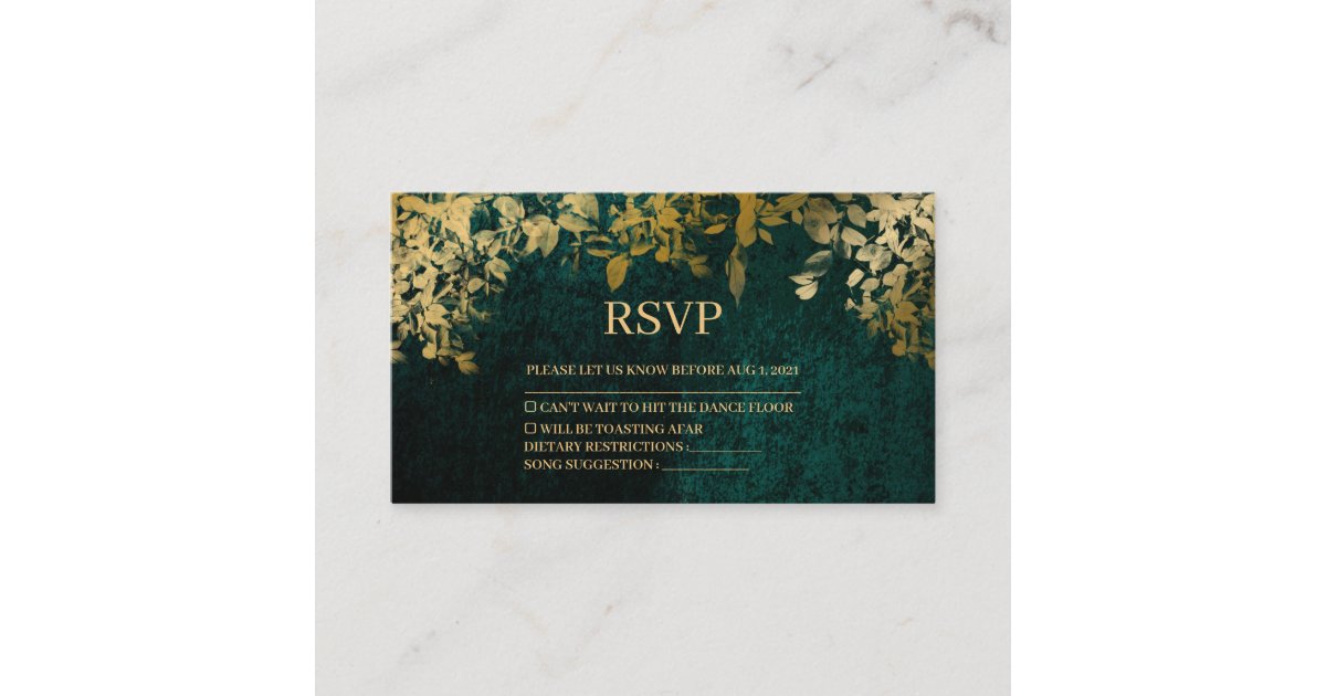 Elegant Gold Leaves Velvet Green Wedding Rsvp Card | Zazzle