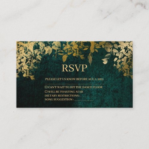 Elegant Gold Leaves Velvet Green Wedding Rsvp Card