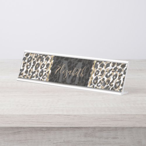 Elegant gold leopard animal print pattern desk name plate