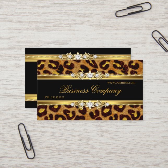 Elegant Gold Leopard Black Animal Print Business Card (Front/Back In Situ)