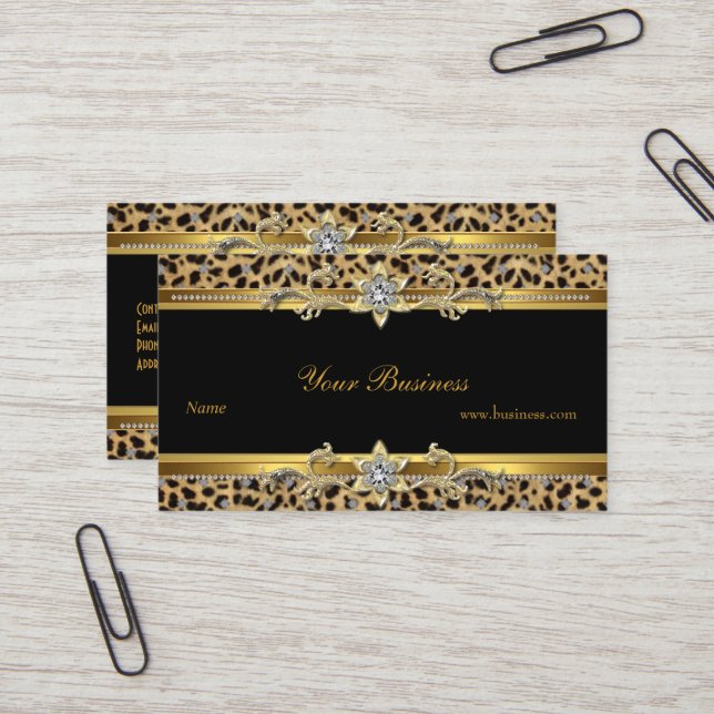 Elegant Gold Leopard Black Elegant Business Card (Front/Back In Situ)