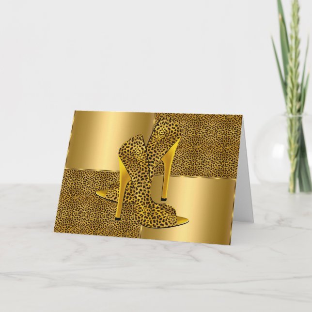 Elegant Gold Leopard High Heel Shoes Animal Card (Front)