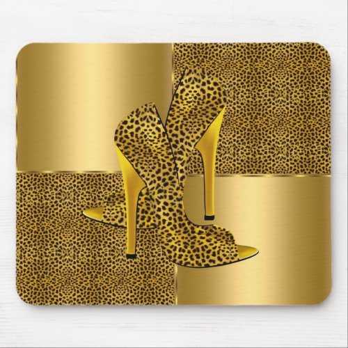 Elegant Gold Leopard High Heel Shoes Animal Mouse Pad