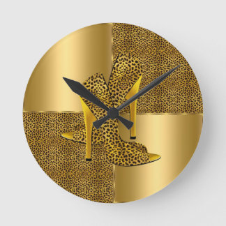 Elegant Gold Leopard High Heel Shoes Animal Round Clock