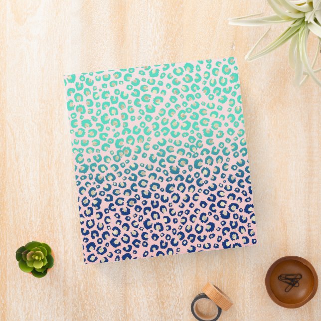 Elegant Gold leopard print Blue Mint Gradient Pink 3 Ring Binder (In Situ)
