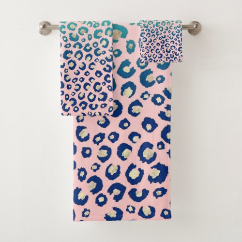 Elegant Gold leopard print Blue Mint Gradient Pink Bath Towel Set