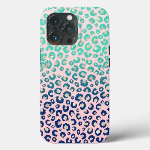 Elegant Gold leopard print Blue Mint Gradient Pink iPhone 13 Pro Case