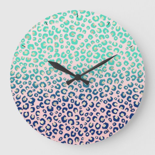 Elegant Gold leopard print Blue Mint Gradient Pink Large Clock