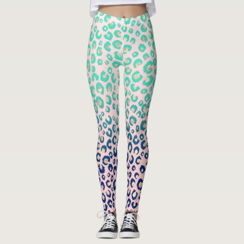 Elegant Gold leopard print Blue Mint Gradient Pink Leggings