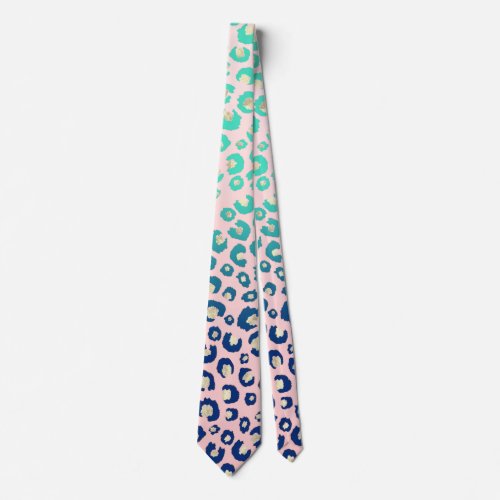 Elegant Gold leopard print Blue Mint Gradient Pink Neck Tie