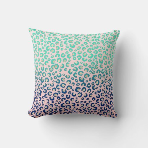 Elegant Gold leopard print Blue Mint Gradient Pink Throw Pillow