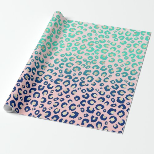 Elegant Gold leopard print Blue Mint Gradient Pink Wrapping Paper