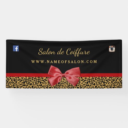 Elegant Gold Leopard Print Red Bow Hair Salon 6 ft Banner