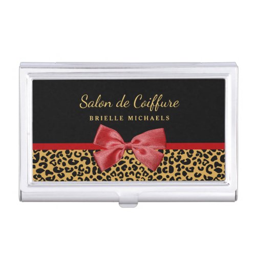 Elegant Gold Leopard Print With Red Bow Hair Salon Business Card Case