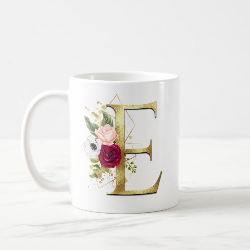 Elegant Gold Letter E Blush Burgundy Rose Monogram Coffee Mug