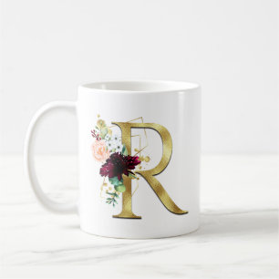 Elegant Gold Letter R Blush Floral Monogram Coffee Mug