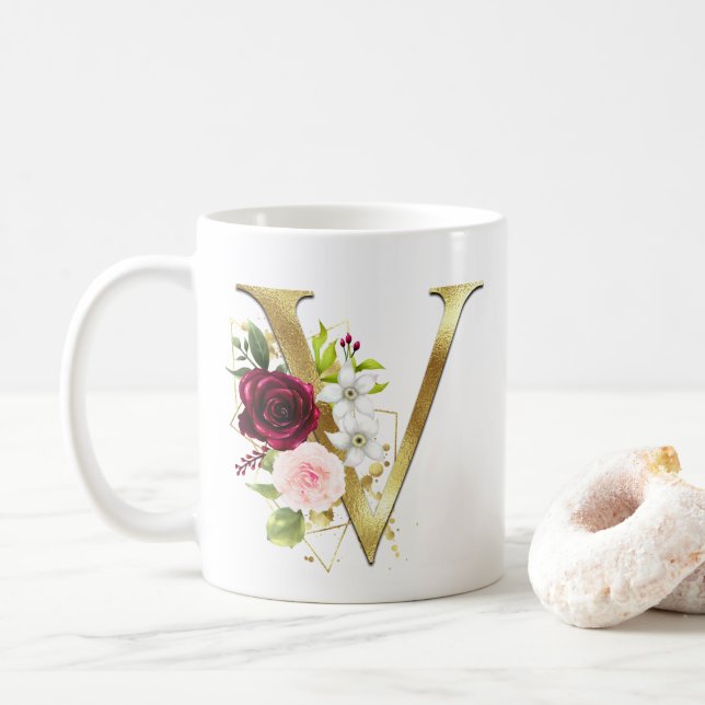 Elegant Gold Letter V Blush Floral Monogram Coffee Coffee Mug (With Donut)