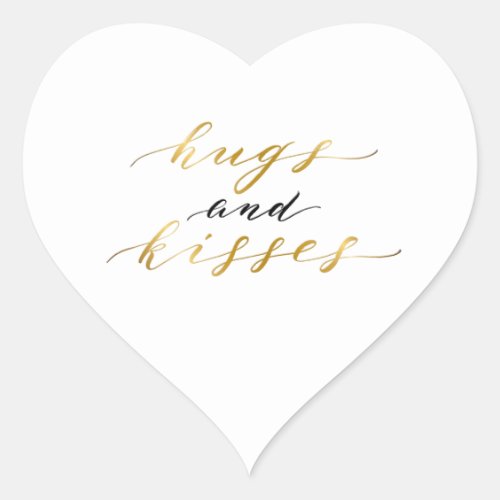 Elegant Gold Lettering Hugs and Kisses  Heart Sticker