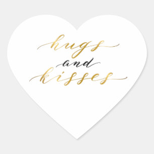 Elegant Gold Lettering Hugs and Kisses  Heart Sticker
