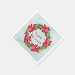 Elegant Gold Lettering Poinsettia Wreath Christmas Napkins