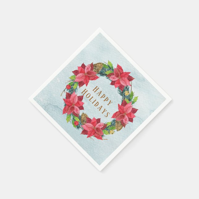 Elegant Gold Lettering Poinsettia Wreath Christmas Napkins (Corner)
