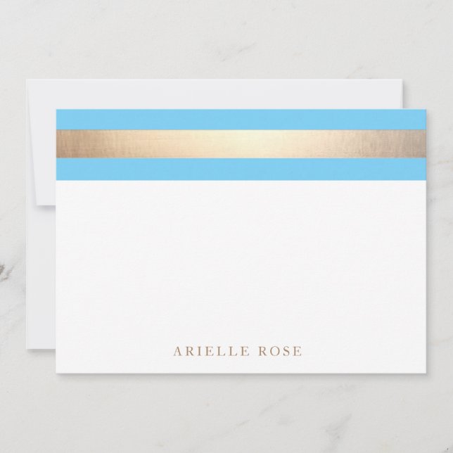 Elegant Gold Light Blue Stripe Note Card (Front)