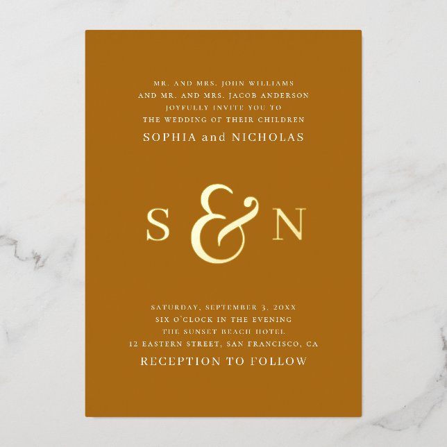 Elegant gold Light Brown typography detail wedding Foil Invitation (Front)
