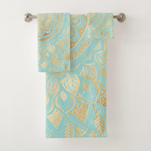 Elegant Gold Light Teal Mandala Floral Bath Towel Set
