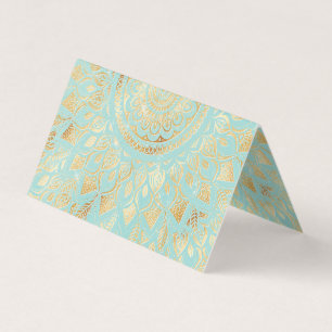 Elegant Gold Light Teal Mandala Floral Business Card