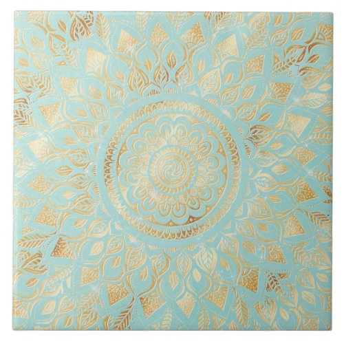 Elegant Gold Light Teal Mandala Floral Ceramic Tile