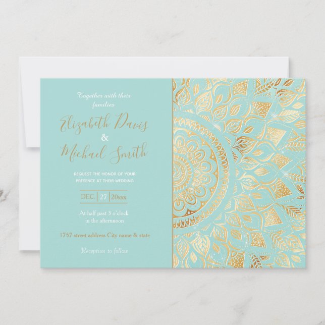 Elegant Gold Light Teal Mandala Floral Invitation (Front)