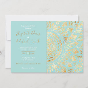 Elegant Gold Light Teal Mandala Floral Invitation