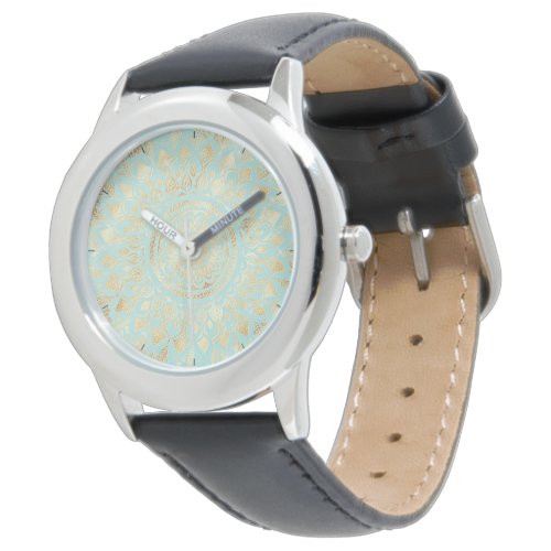 Elegant Gold Light Teal Mandala Floral Watch