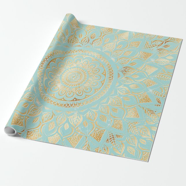 Elegant Gold Light Teal Mandala Floral Wrapping Paper (Unrolled)