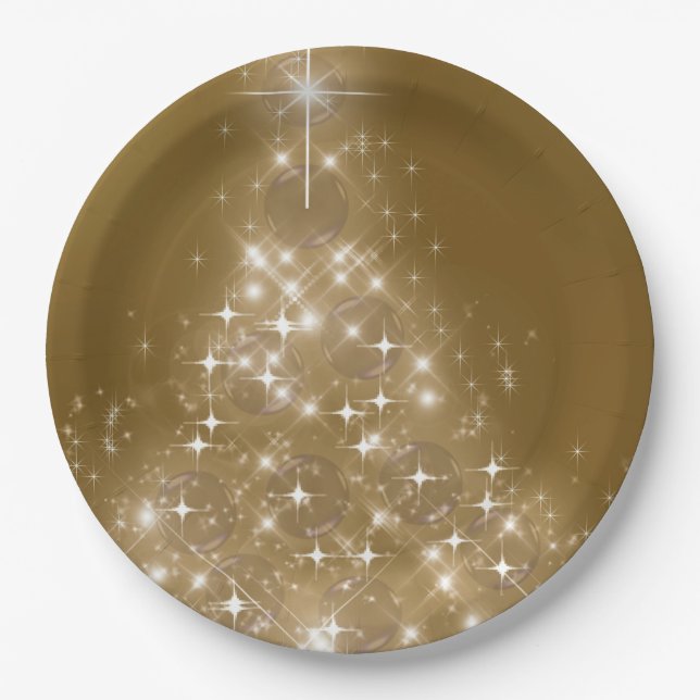 Elegant Gold Lighted Christmas Tree Paper Plates (Front)