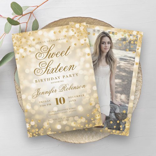 Elegant Gold Lights Glam Confetti Photo Sweet 16   Invitation