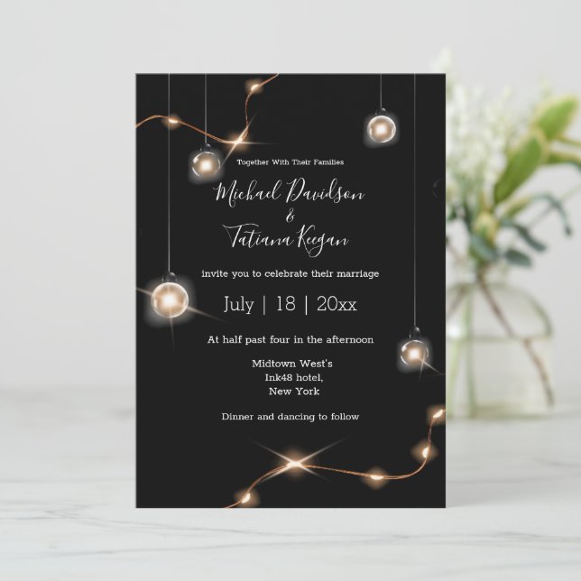 elegant gold lights modern chic wedding invitation (Standing Front)
