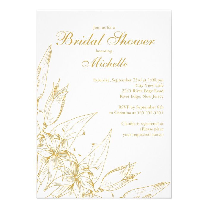 Elegant gold Lily Flower Bridal Shower Invitation