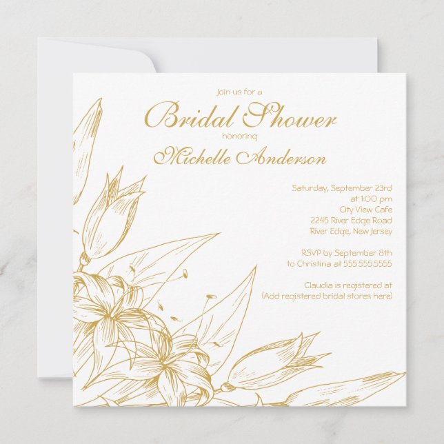 Elegant gold Lily Flower Bridal Shower Invitation (Front)