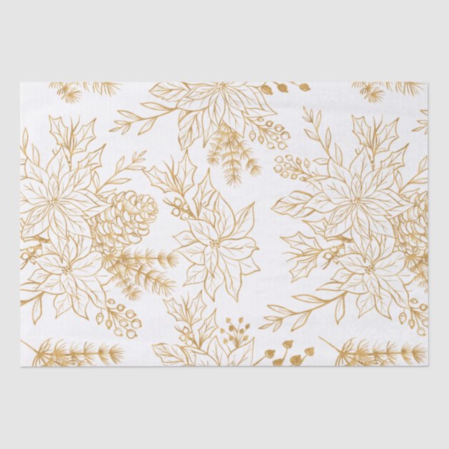 Elegant Gold Line Art Christmas Floral Tissue Paper (Front)