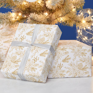 Elegant Gold Line Art Christmas Floral Wrapping Paper