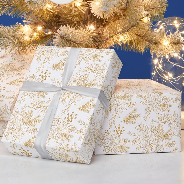 Elegant Gold Line Art Christmas Floral Wrapping Paper (Creator Uploaded)