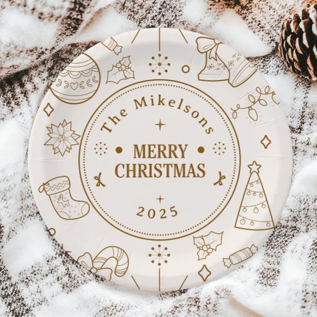 Elegant Gold Line Art Christmas Paper Plates (Creator Uploaded)