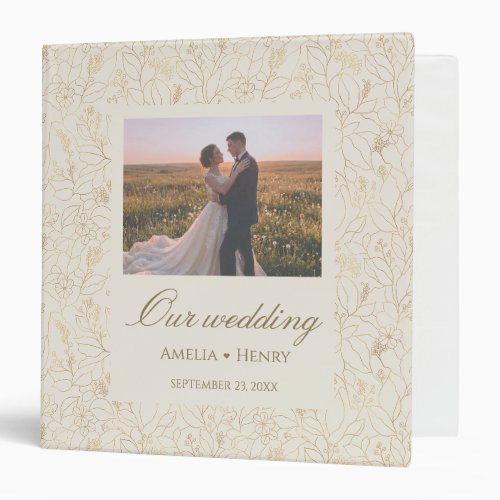 Elegant Gold Line Art Floral Wedding 3 Ring Binder