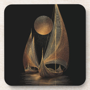 Elegant Gold Line Art Illustration of Longships Beverage Coaster
