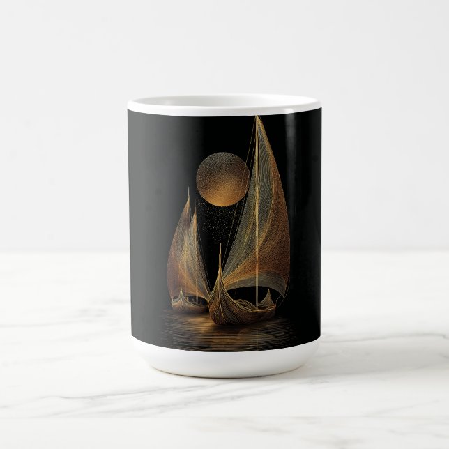 Elegant Gold Line Art Illustration of Longships Coffee Mug (Center)