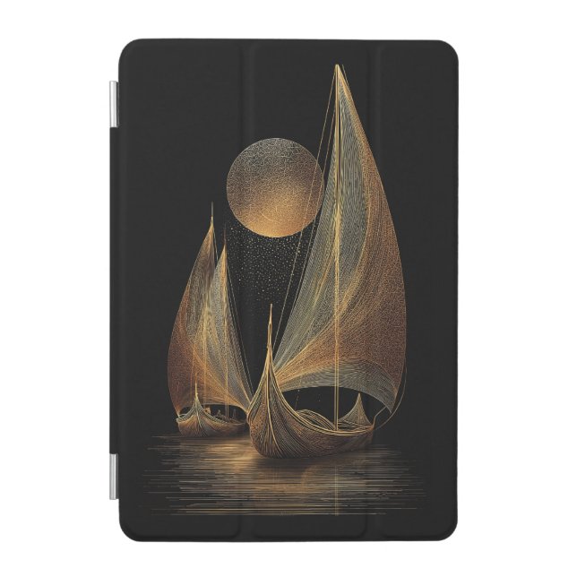 Elegant Gold Line Art Illustration of Longships iPad Mini Cover (Front)